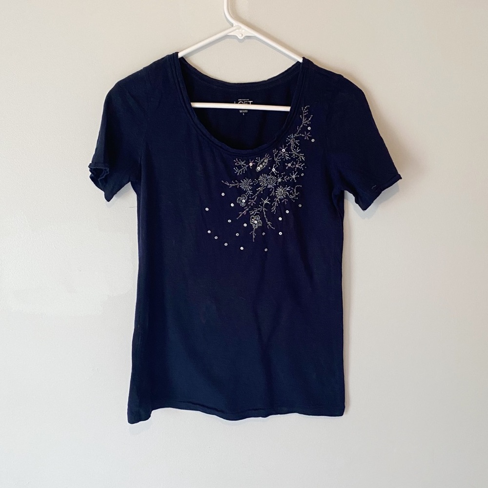 LOFT Women’s Navy Blue Sparkly Beaded Short Sleeve Top